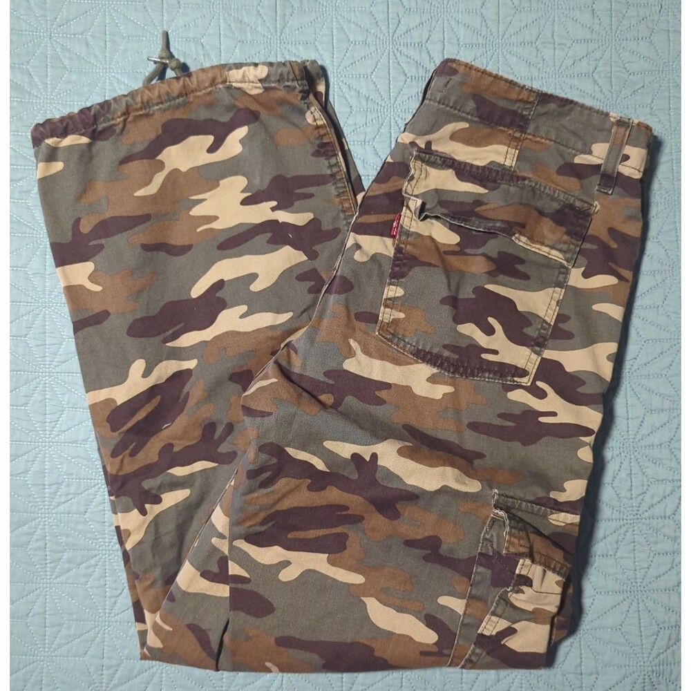 Levi's '94 Baggy Cargo Pants Womens 28 Green Camo Jogger Drawstring Cuffed Hem - Picture 3 of 13